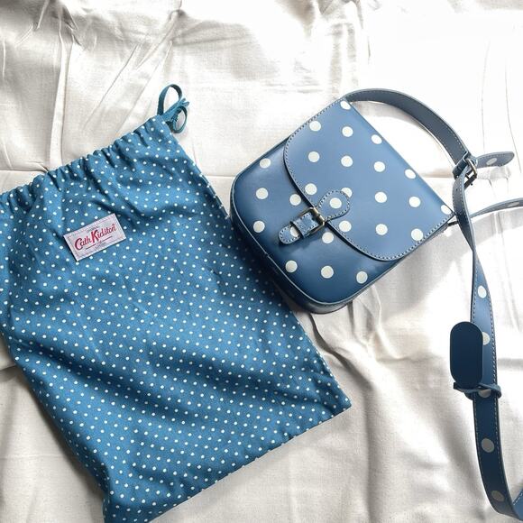 Cath Kidston Handbags - Cath Kidston London Blue Polka Dot Leather Crossbody Satchel Bag w/Dust Bag
